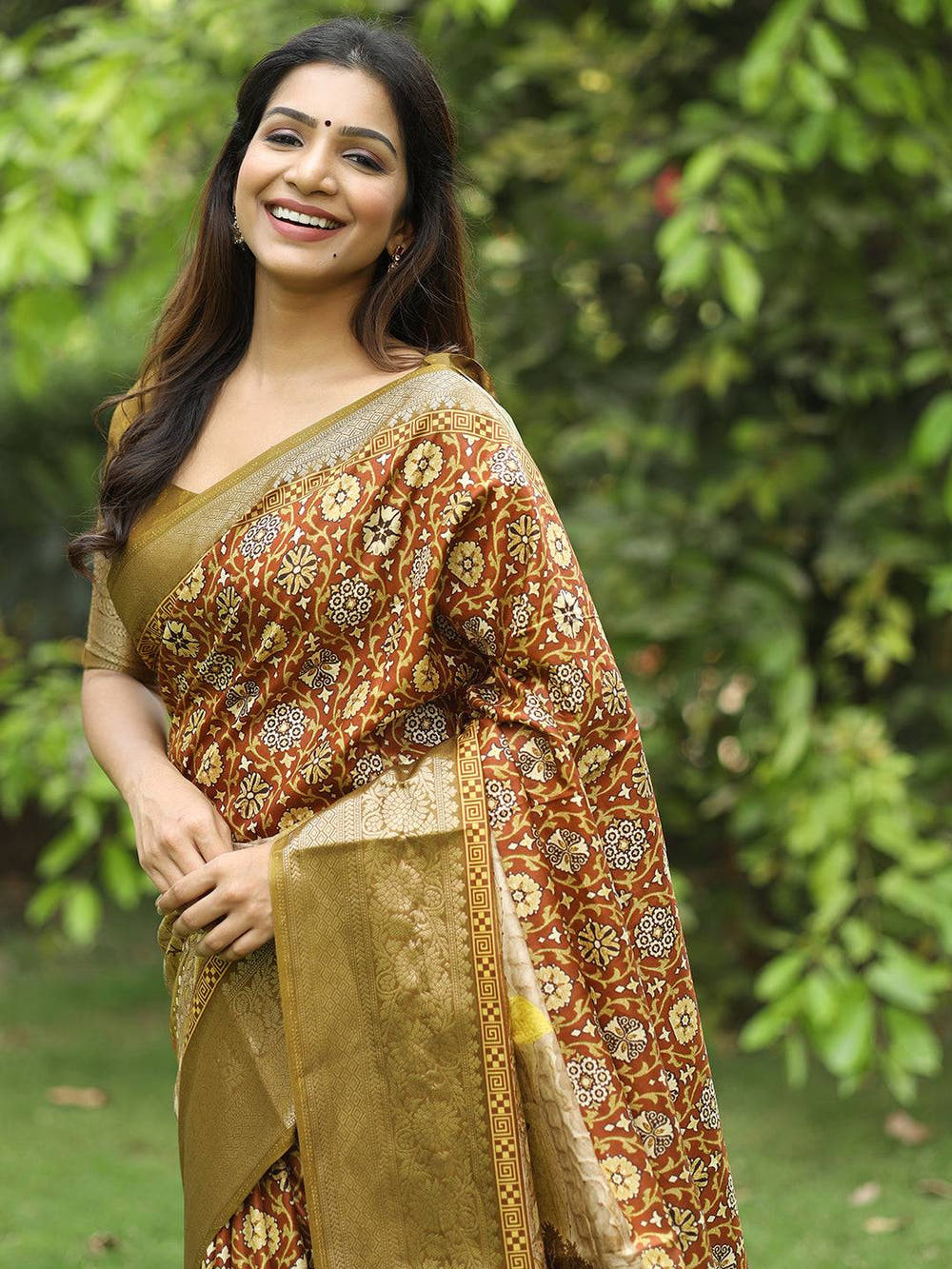 Brown Ajrak Block & Hand Kalamkari Printed Pure Viscose Dola Silk Saree - Luxe