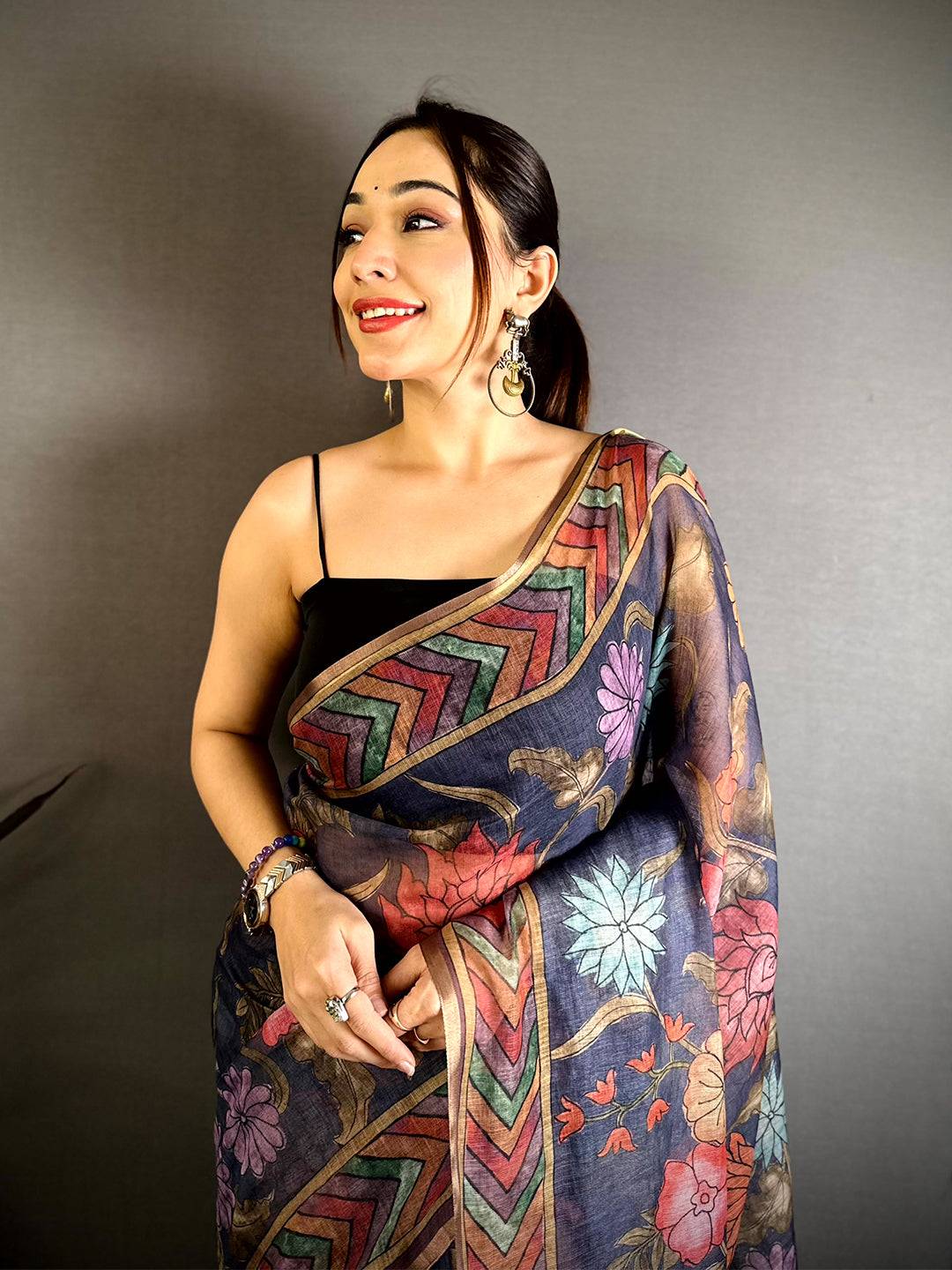 Purple Kalamkari Linen Chanderi Saree