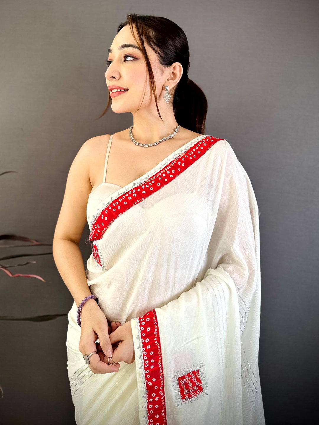 Red Bandhej Butta Chiffon Saree