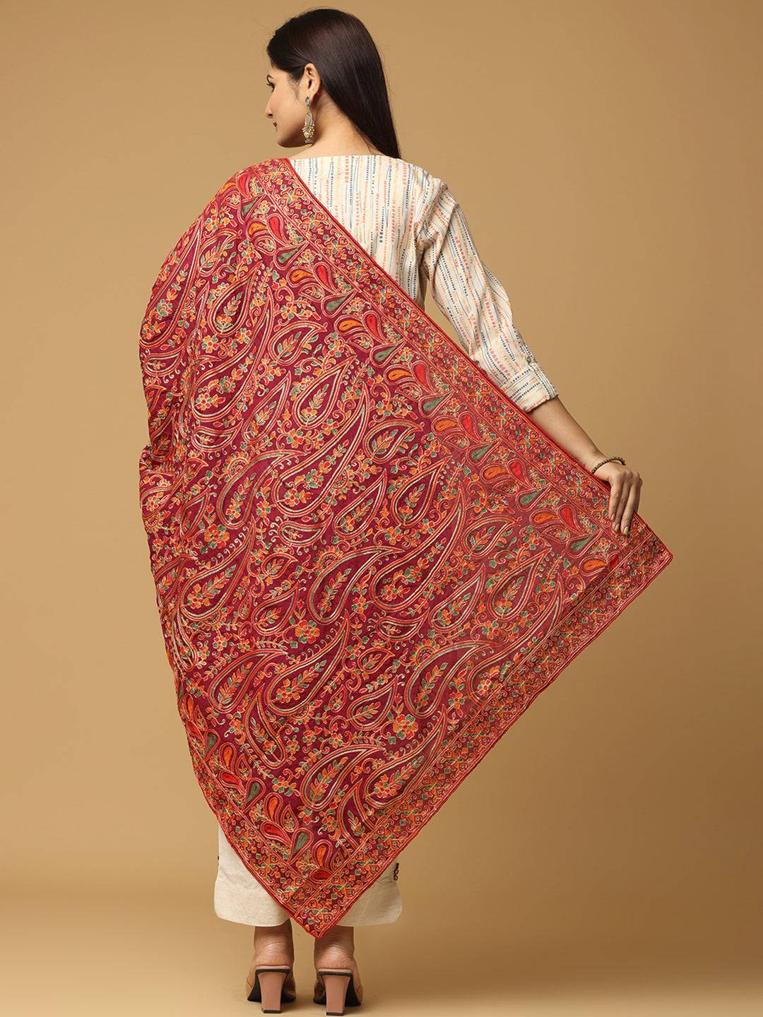 Wine Allover Fine Floral Pashmina Dupatta