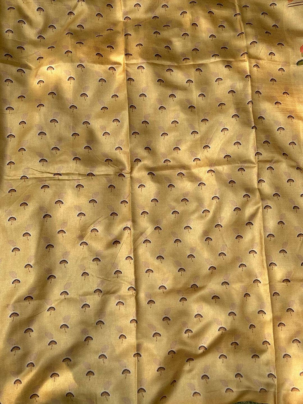 Gold Tussar Silk Saree With Freehand Ikkat Kalamkari Print