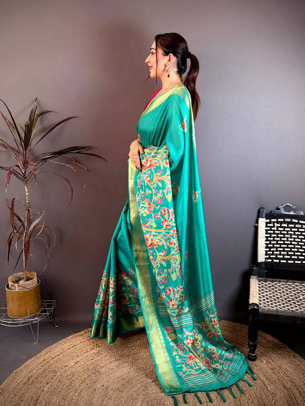 Dark Turquoise Shade Printed Dola Silk Saree