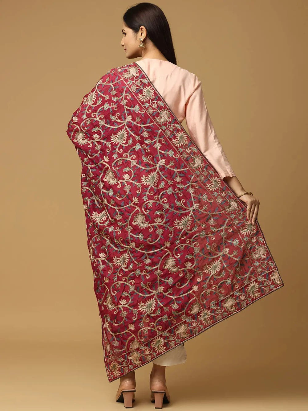 Wine Rich Floral Pashmina Dupatta