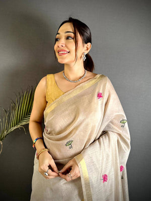 Elegant Pichwai Resham Work Linen Saree