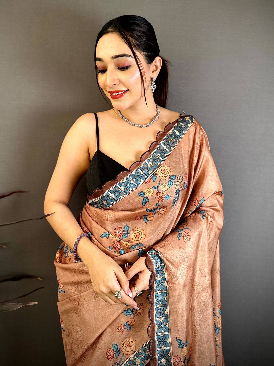 Elegant Kalamkari Cutwork Tussar Saree