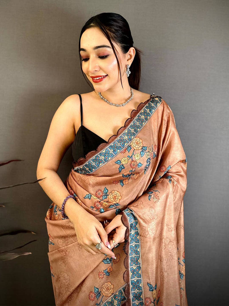 Elegant Kalamkari Cutwork Tussar Saree