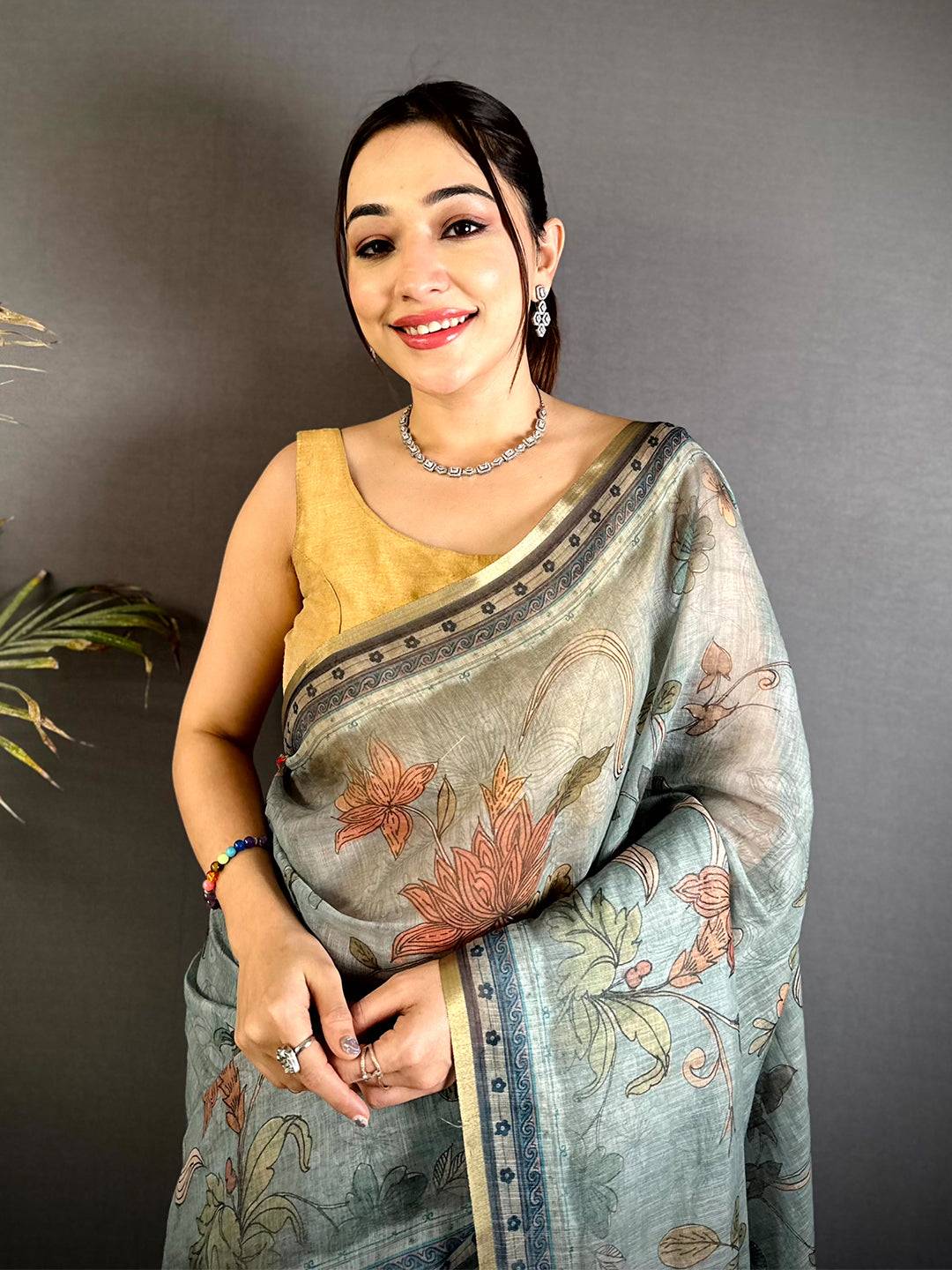 Regal Dark Floral Linen  Saree