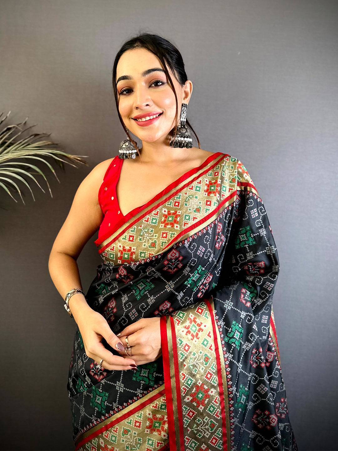 Black Pochampally Patola Soft Silk Saree