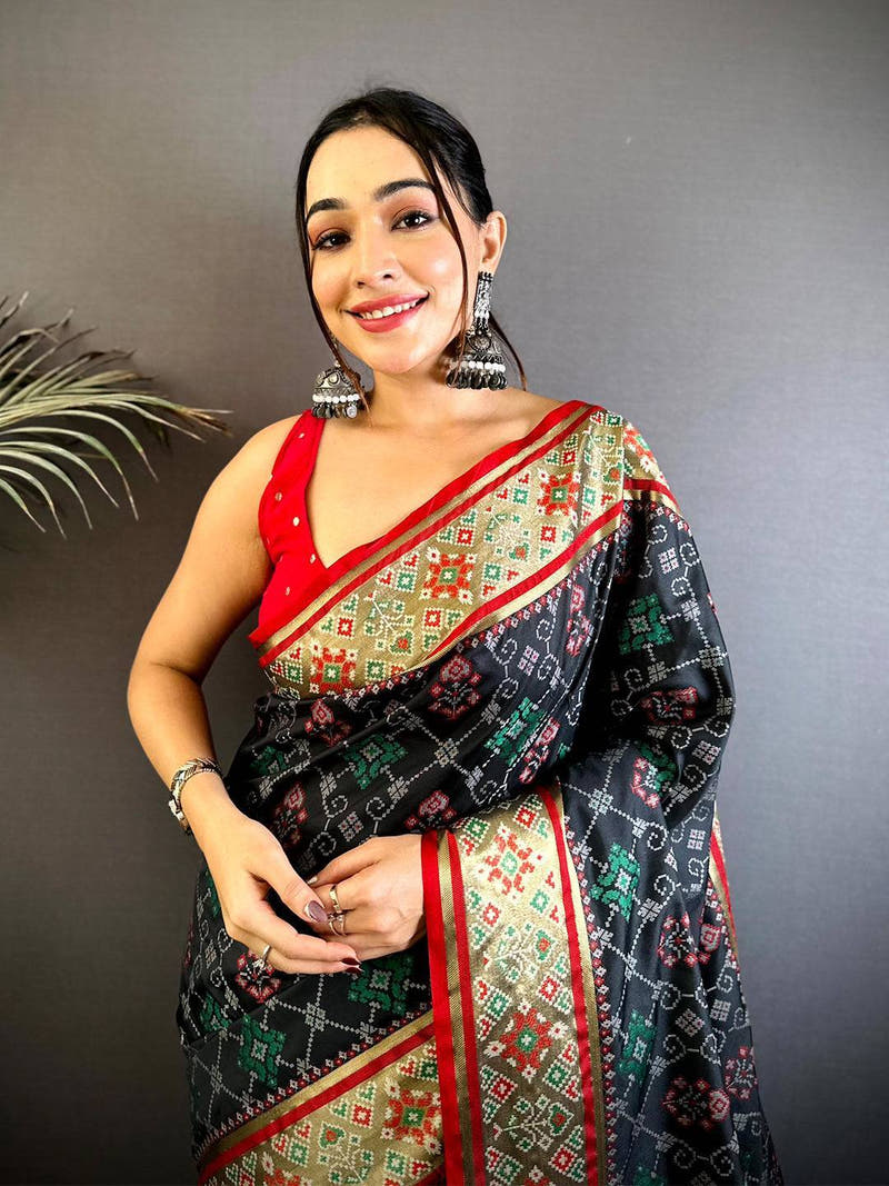 Black Pochampally Patola Soft Silk Saree