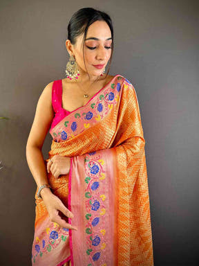 Kora Silk Banarasi Digital Print Saree In Orange Colour