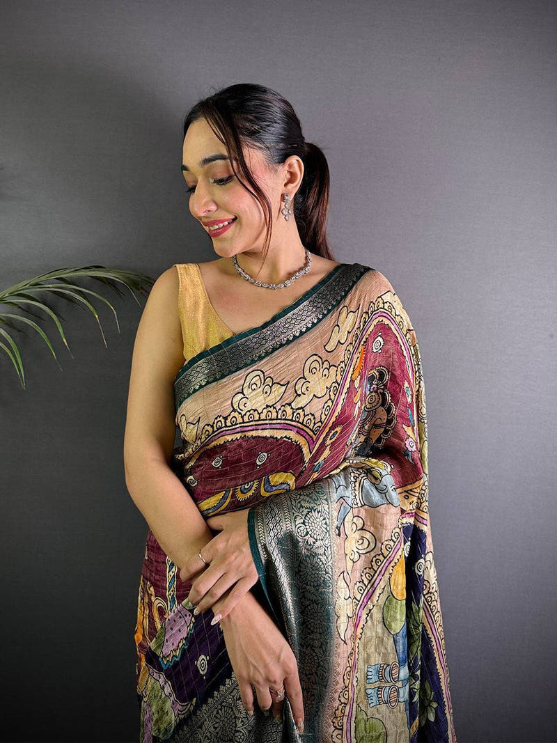 Navy Blue Pure Viscose Kalalmkari Print Saree