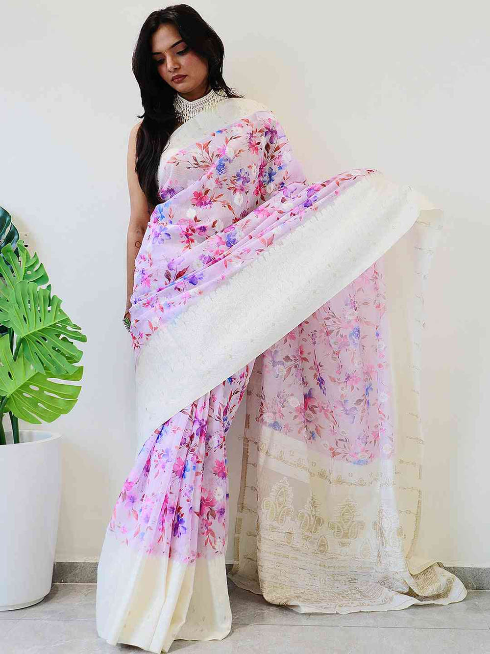 Multi Colour Digital Print Bollywood Saree in Lakhnavi Slub Pattern