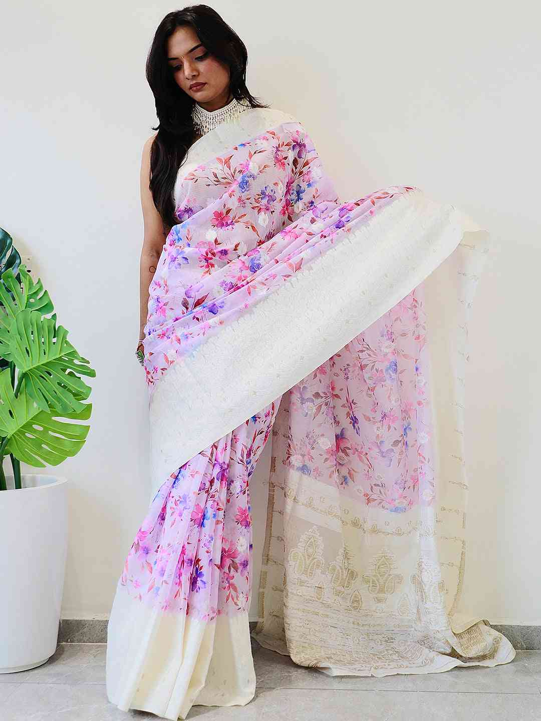 Multi Colour Digital Print Bollywood Saree in Lakhnavi Slub Pattern