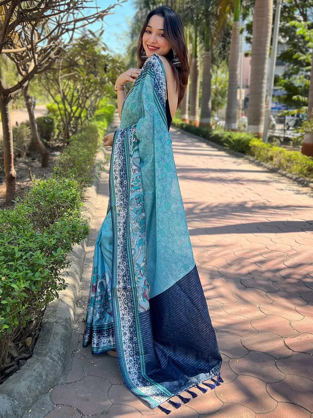 Satin Kota Doria Saree With Kalamkari Digital Print In Turquoise Colour