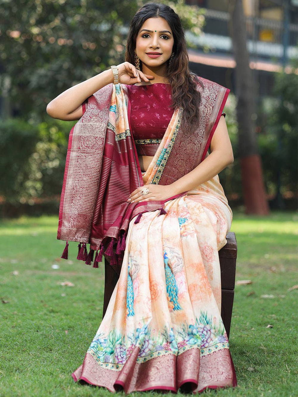 Peach Colour Phulkari Design Zari Weaving Pallu Saree - Luxe