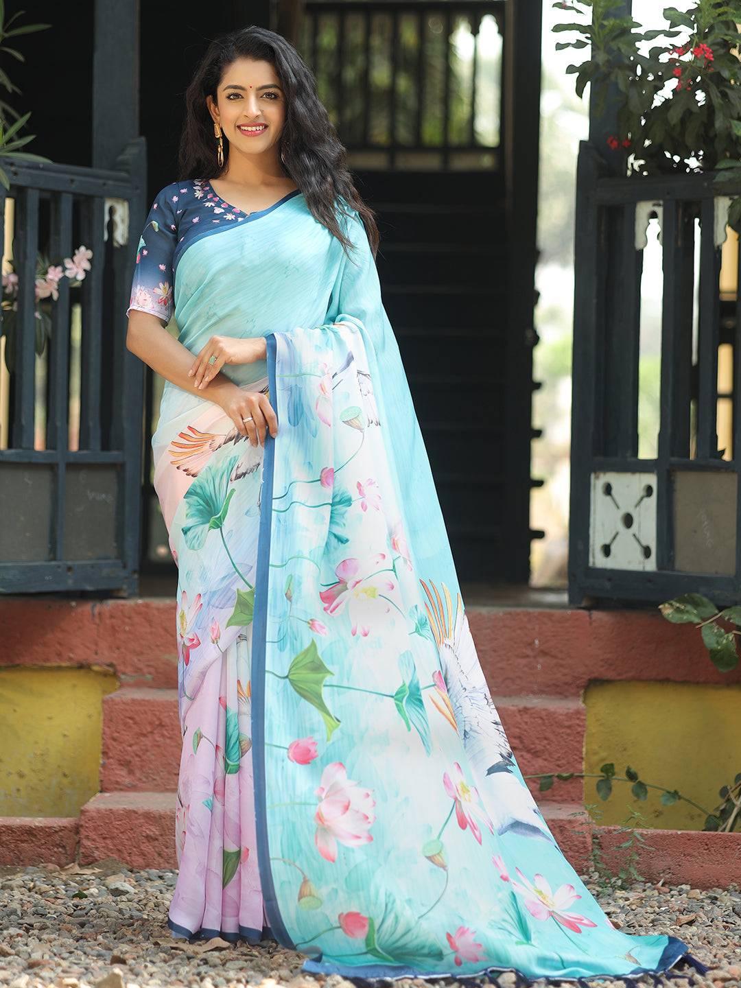 Satin Georgette Aqua Colour Hand Print Saree - Luxe