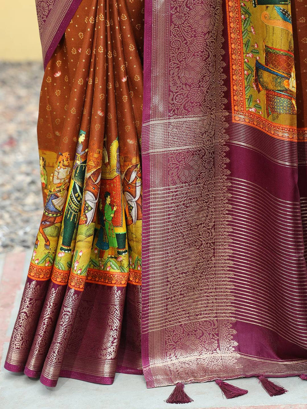 Brown Pure Viscose Dola Silk Saree with Exquisite Bhandhej Print - Luxe