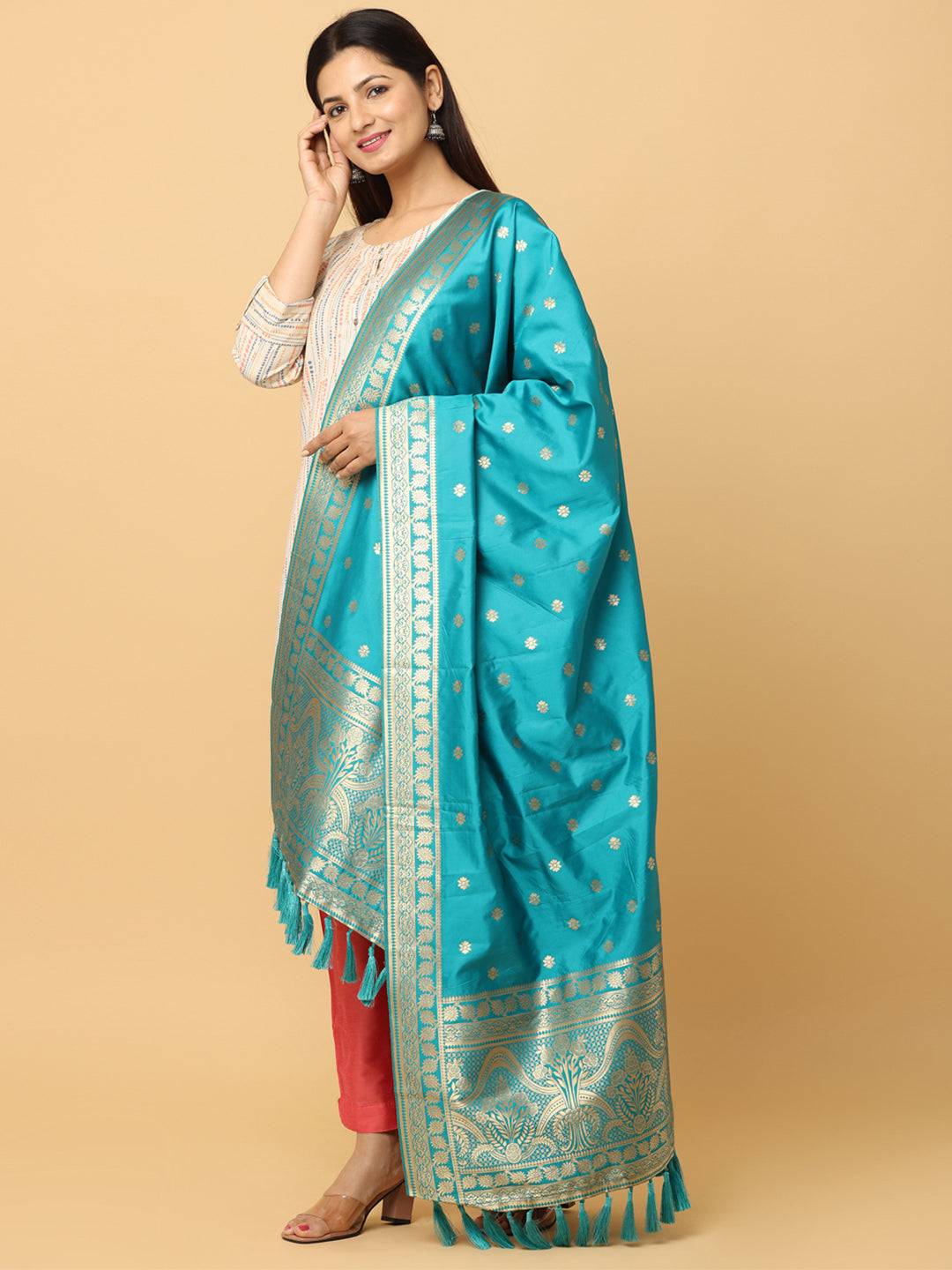 Woven Design Silk Blend Turquoise Colour Dupatta