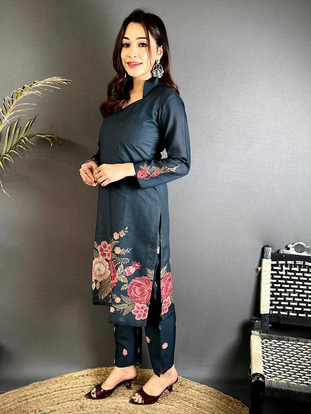 Diamond Neck Floral Mul  Kurti