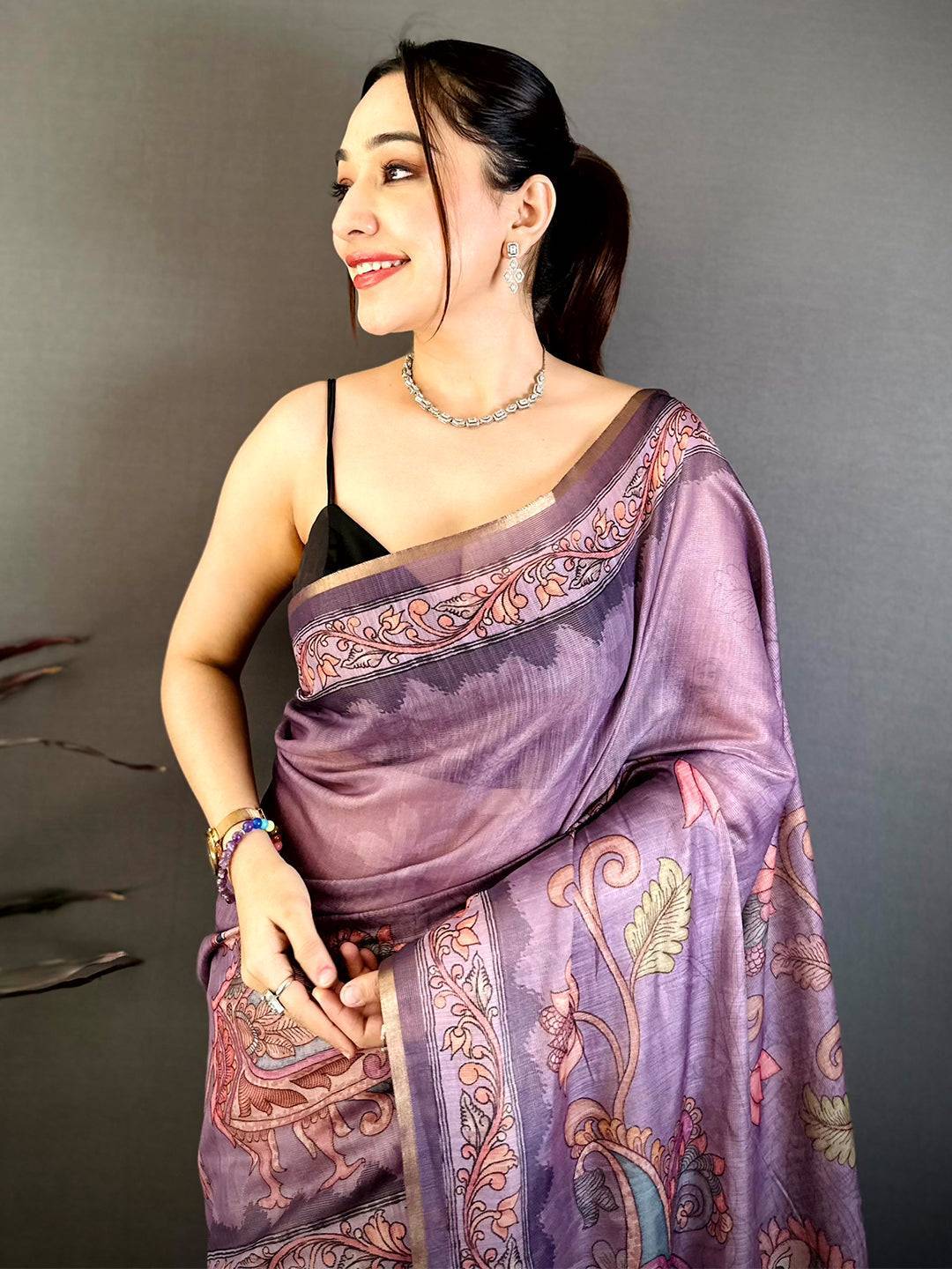 Lavender Vintage Pen Kalamkari Chanderi Saree