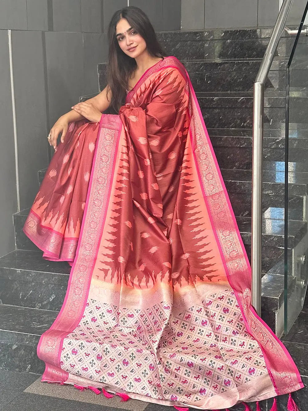 Brown Soft Banarasi saree With Zari Patola Pallu.