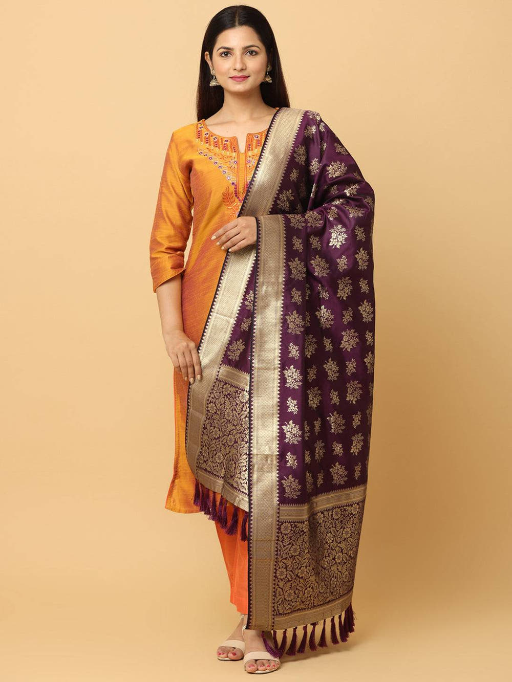 Woven Design Wine Silk Blend Dupatta With Resham Tassels