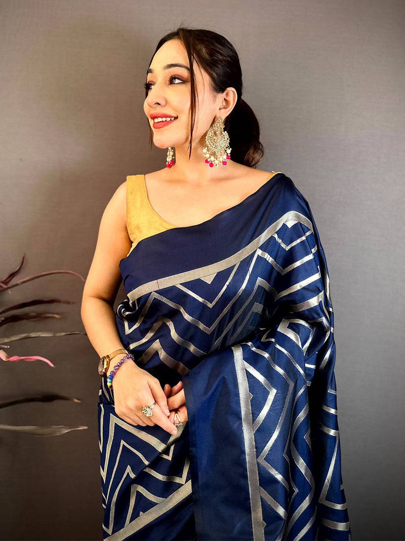 Navy Geometric Zari Weave Banarasi Saree