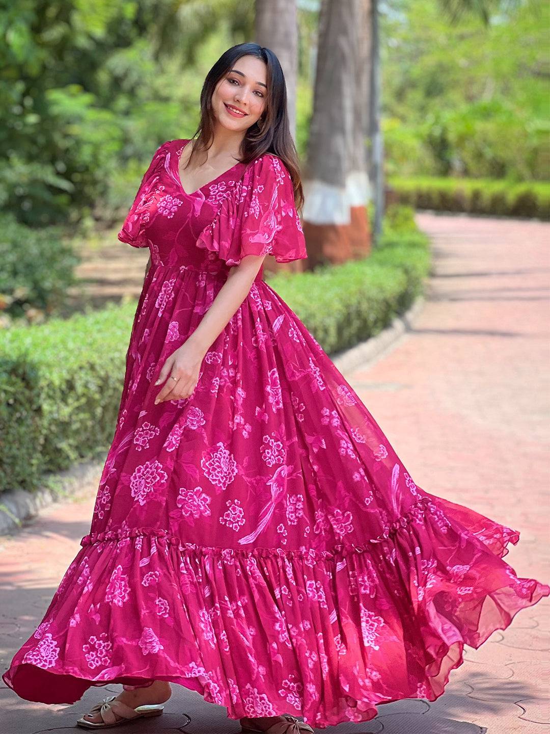 Pink Peony V-neck Flary Dress