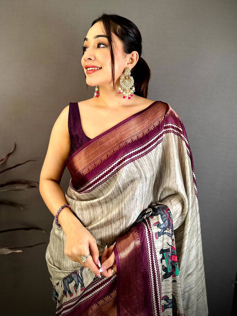 Artistic Block Print Dola Silk Saree