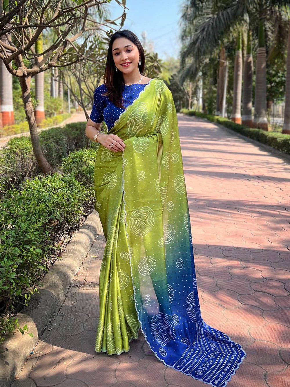 Lime Ombre Bandhej Georgette Silk Saree