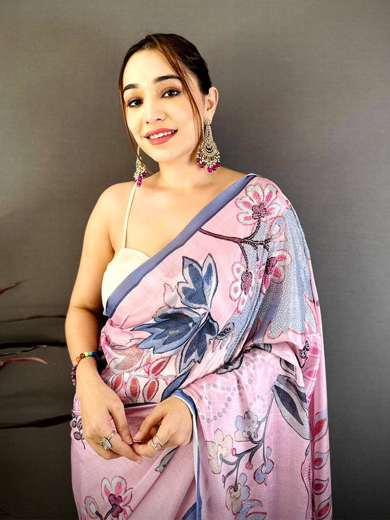 Pastel Pink Stone Work Floral Chinnon Saree