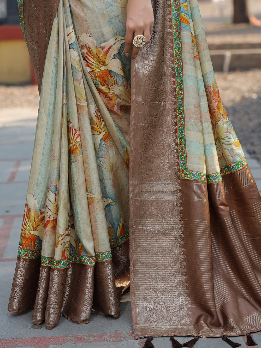 Multi Colour Phulkari Design Zari Weaving Pallu Saree - Luxe