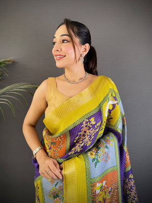 Royal Blue Tussar Kalalmkari Print Saree