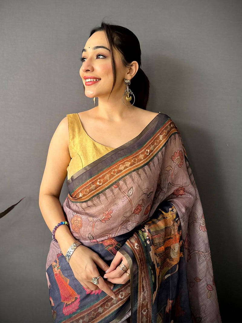 Tradition Pen Kalamkari Digital Linen Saree