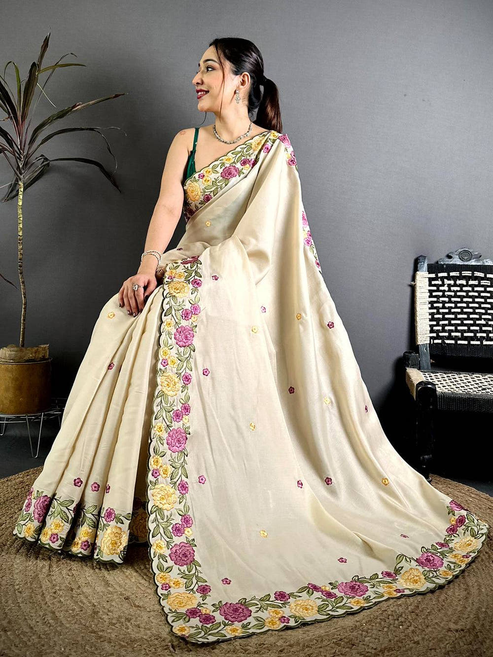 White Embroidered Cutwork Soft Silk Saree