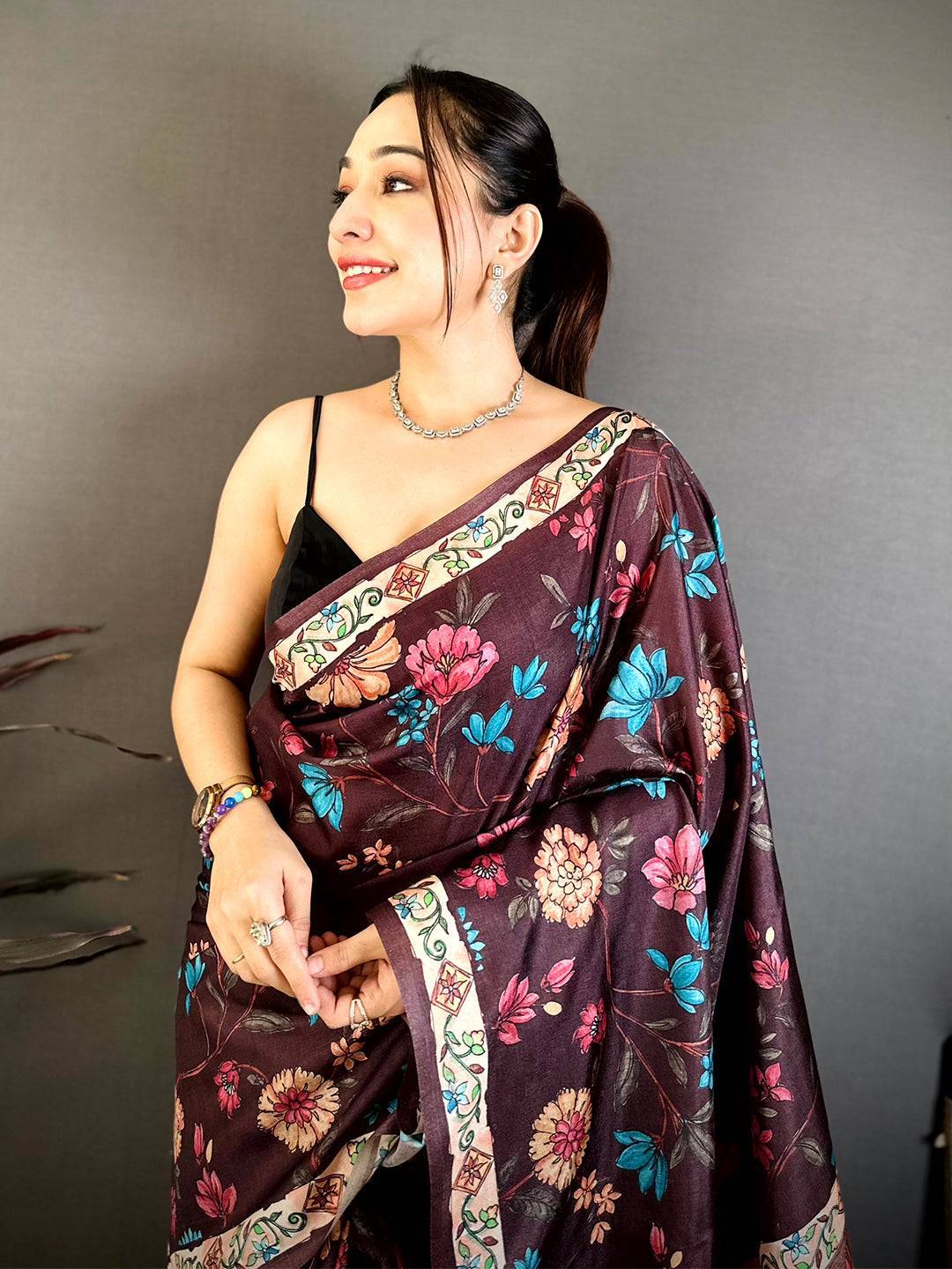 Coffee Brown Tussar Pen Kalamkari Print Saree