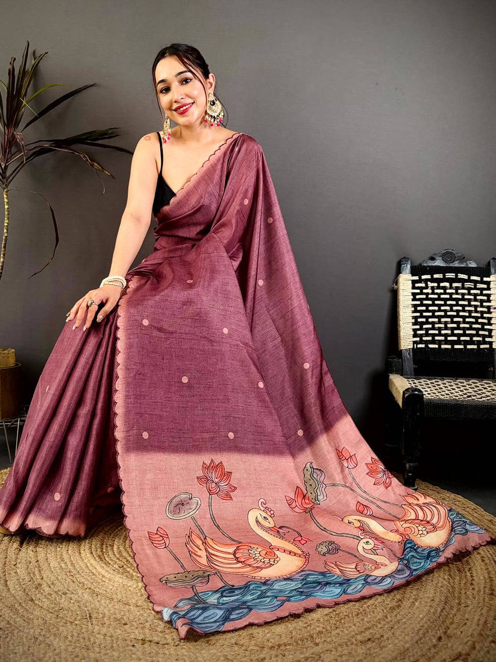 Radiant Wine Kalamkari Tussar Saree