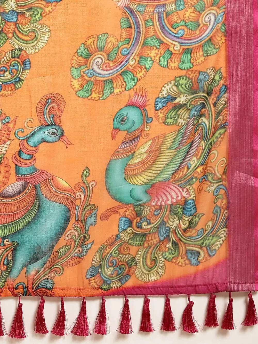 Orange Colour Kalamkari Print Saree With Zari Border