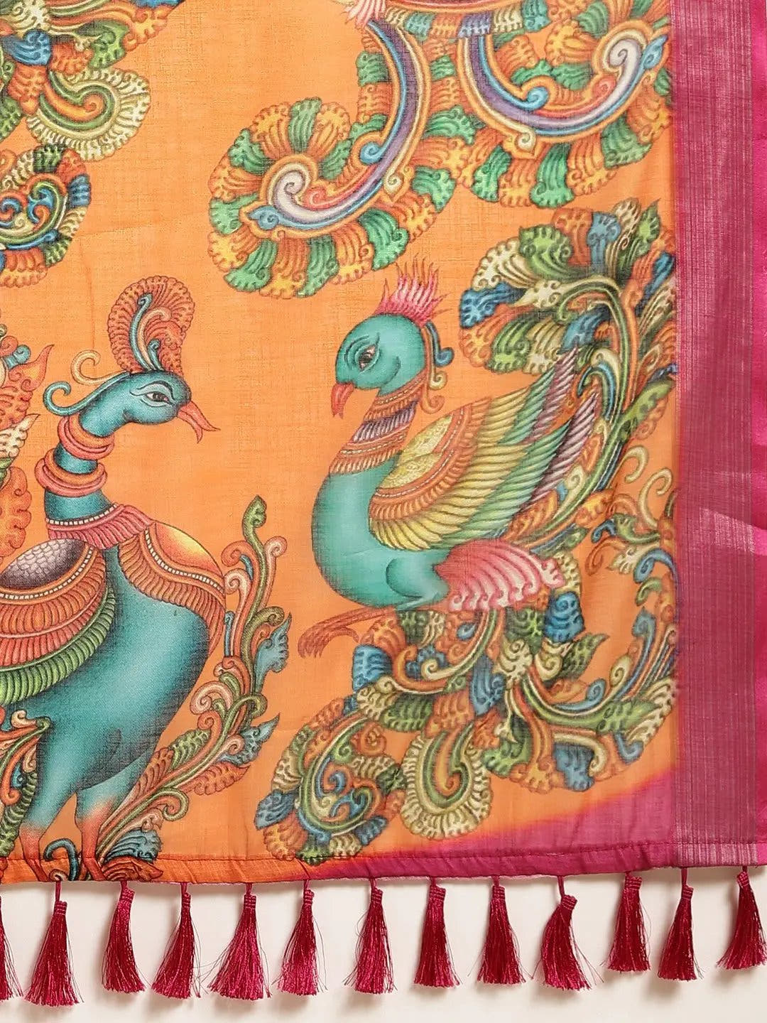Orange Colour Kalamkari Print Saree With Zari Border
