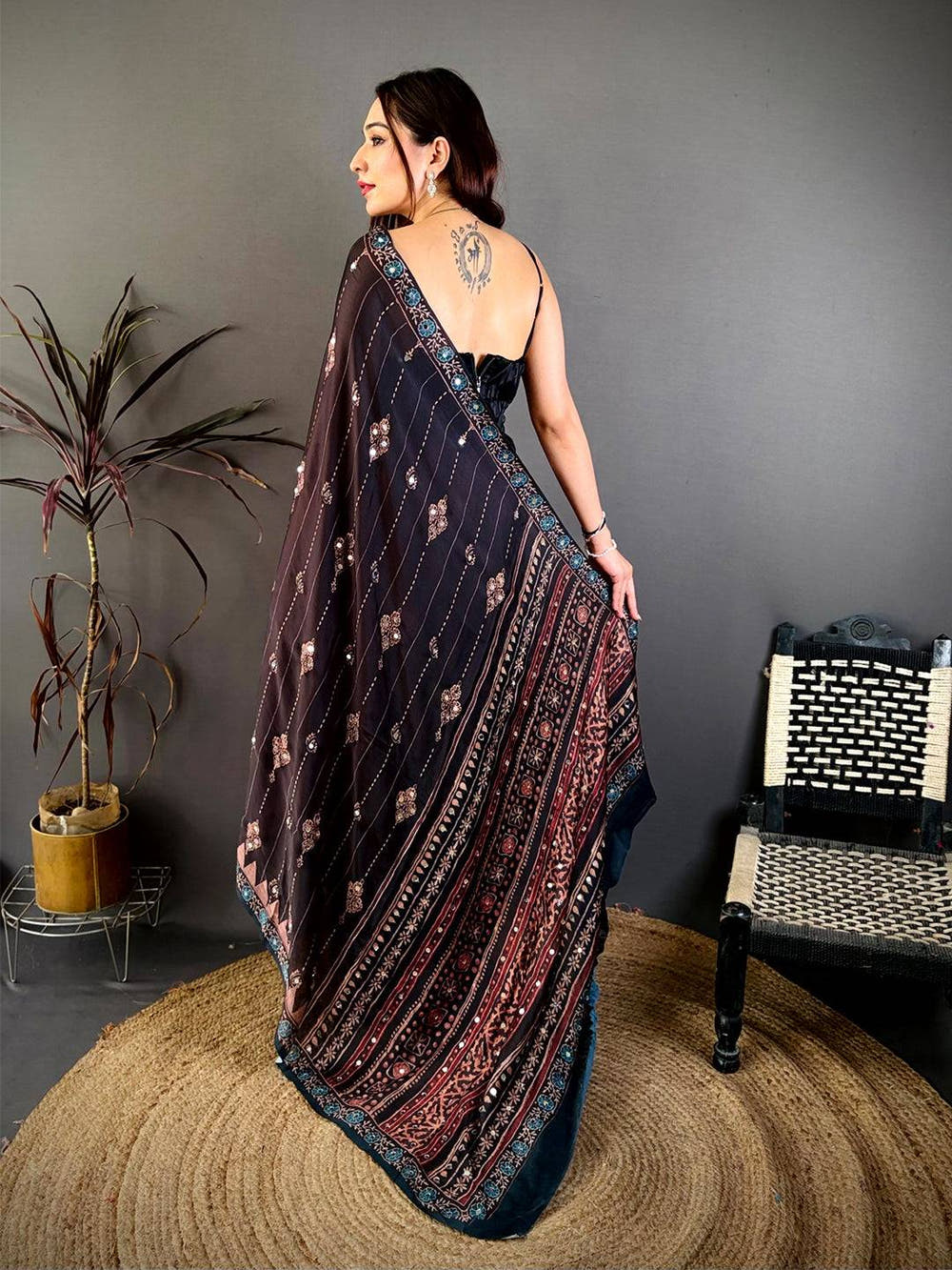 Black Ajrakh Digital Printed Saree