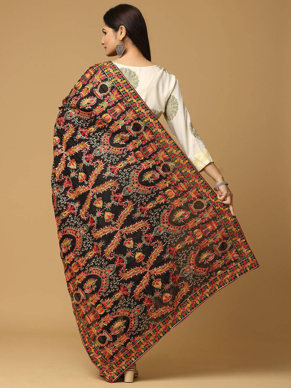 Black Rust Paisley Band Pashmina Dupatta
