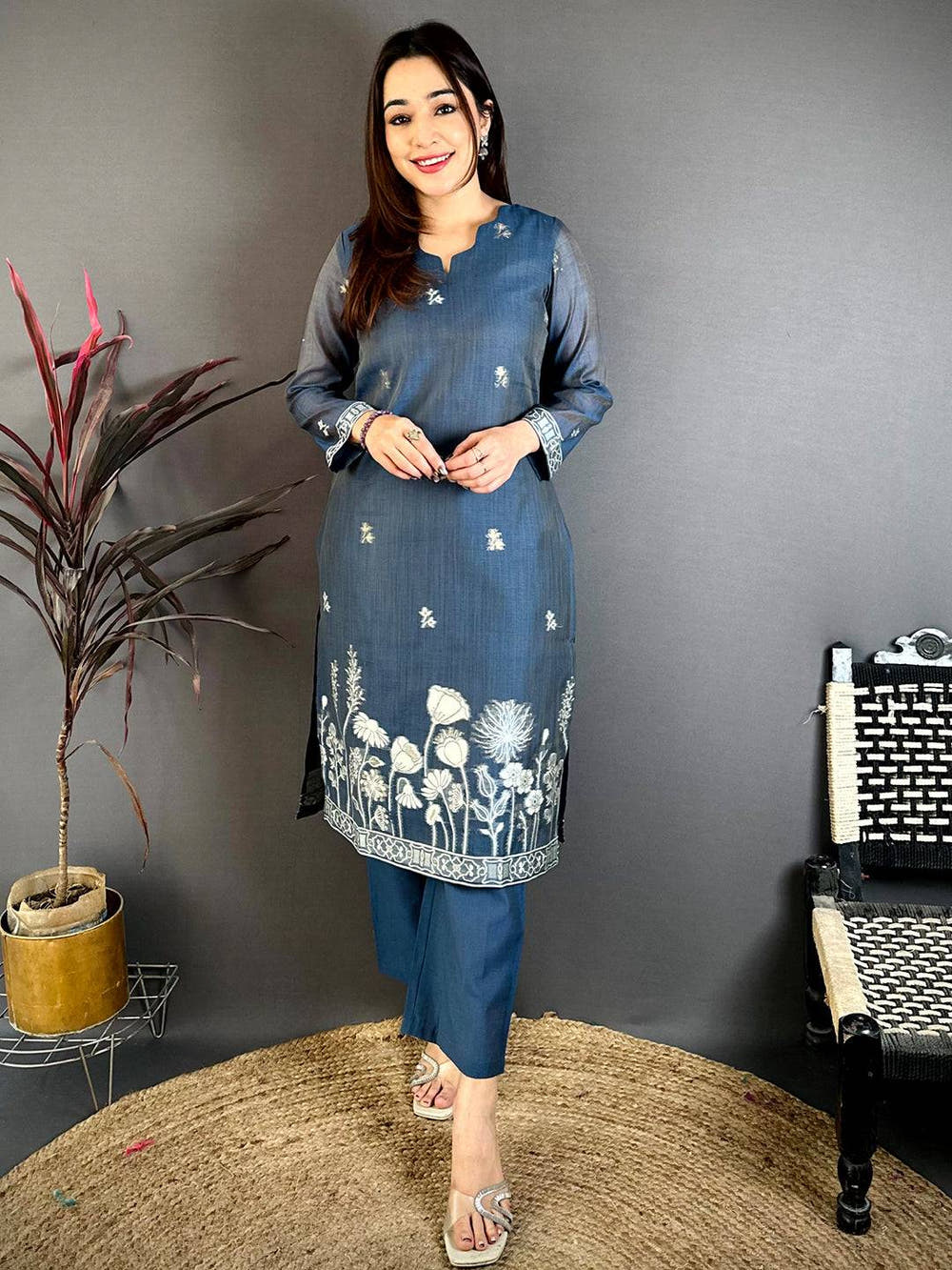 Regal Navy Floral  Woven  Dress