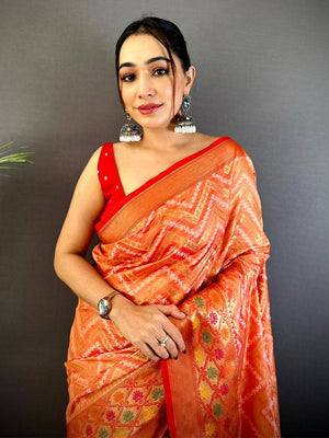 Peach Banarasi Zic Zac Katan Silk Saree