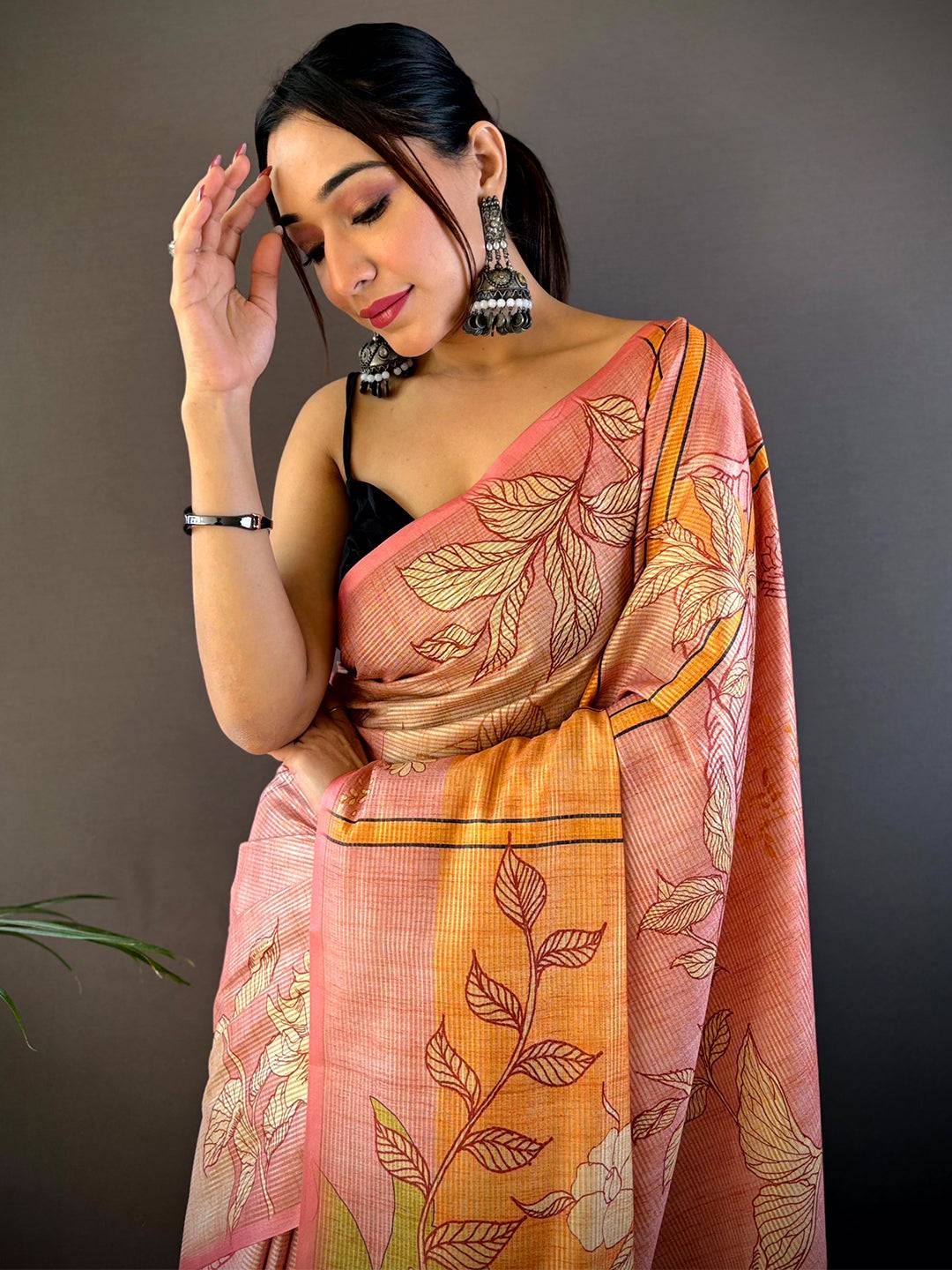Pink Abstract Floral Zari Tussar Saree