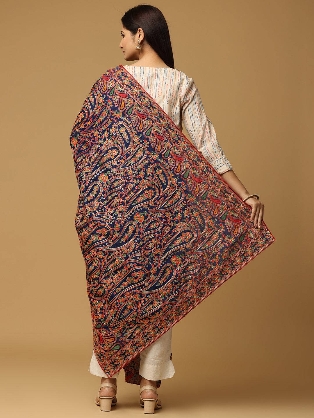 Navy Fine Paisley Jaal Pashmina Dupatta