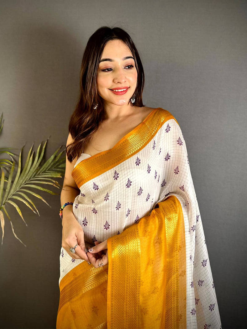 Yellow Marshmallow Ikkat Butti Saree