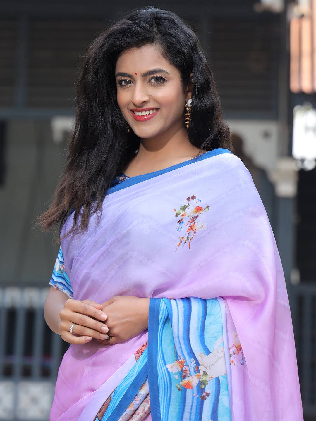 Satin Georgette Lavender Colour Hand Print Saree - Luxe
