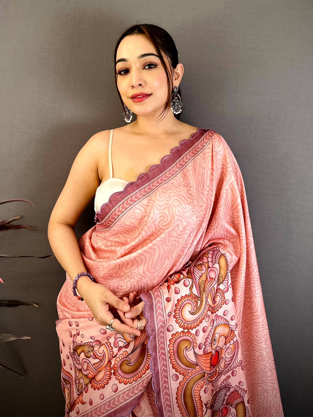 Dusty Rose Kalamkari Tussar Cutwork Saree