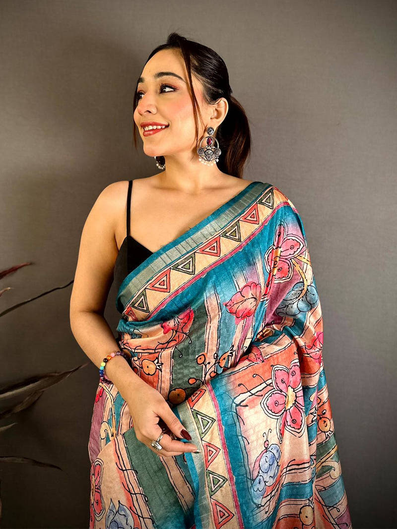 Vibrant Tussar Rainbow Striped Saree