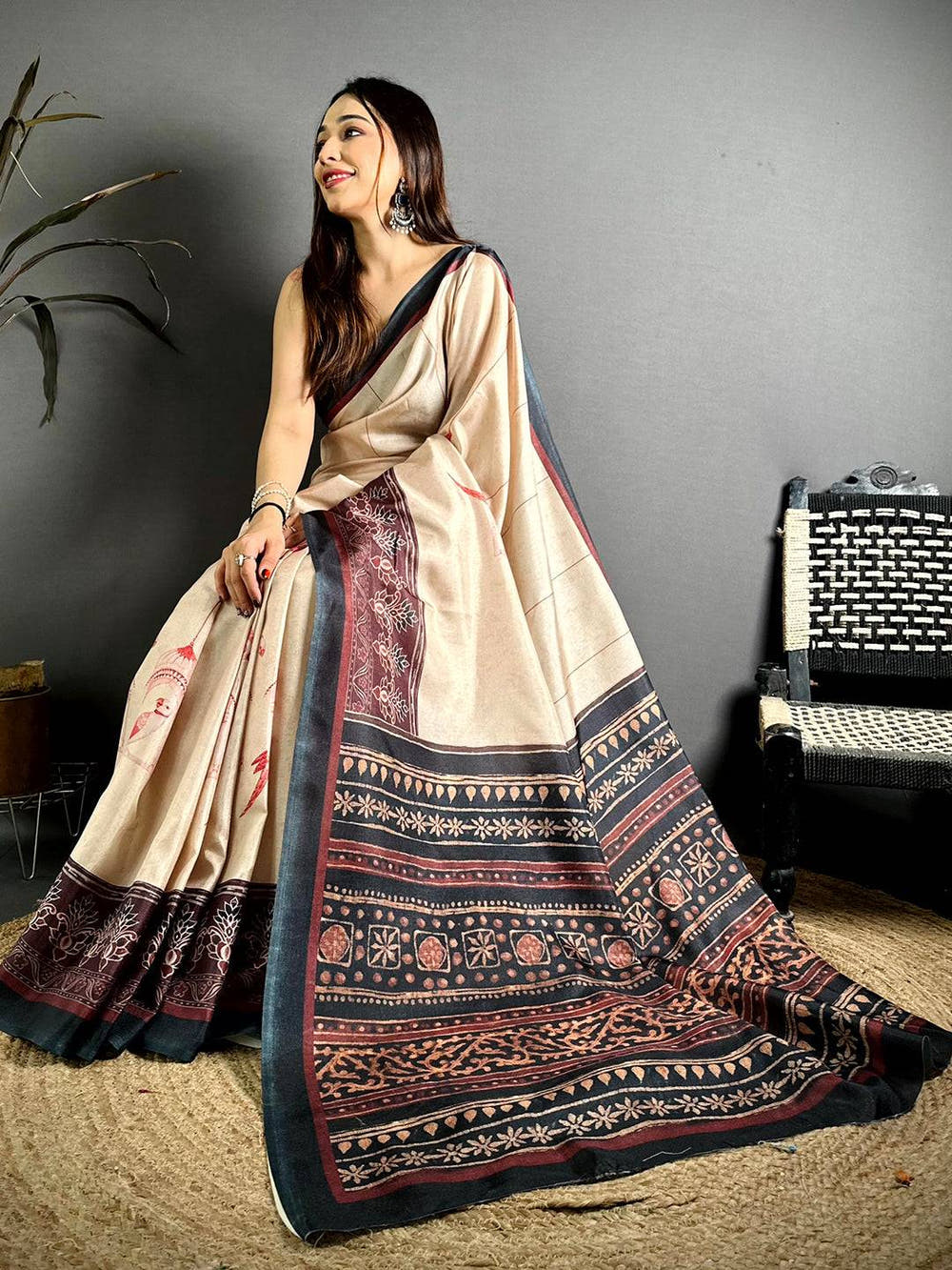 Opulent Ajrakh Border Tussar Saree